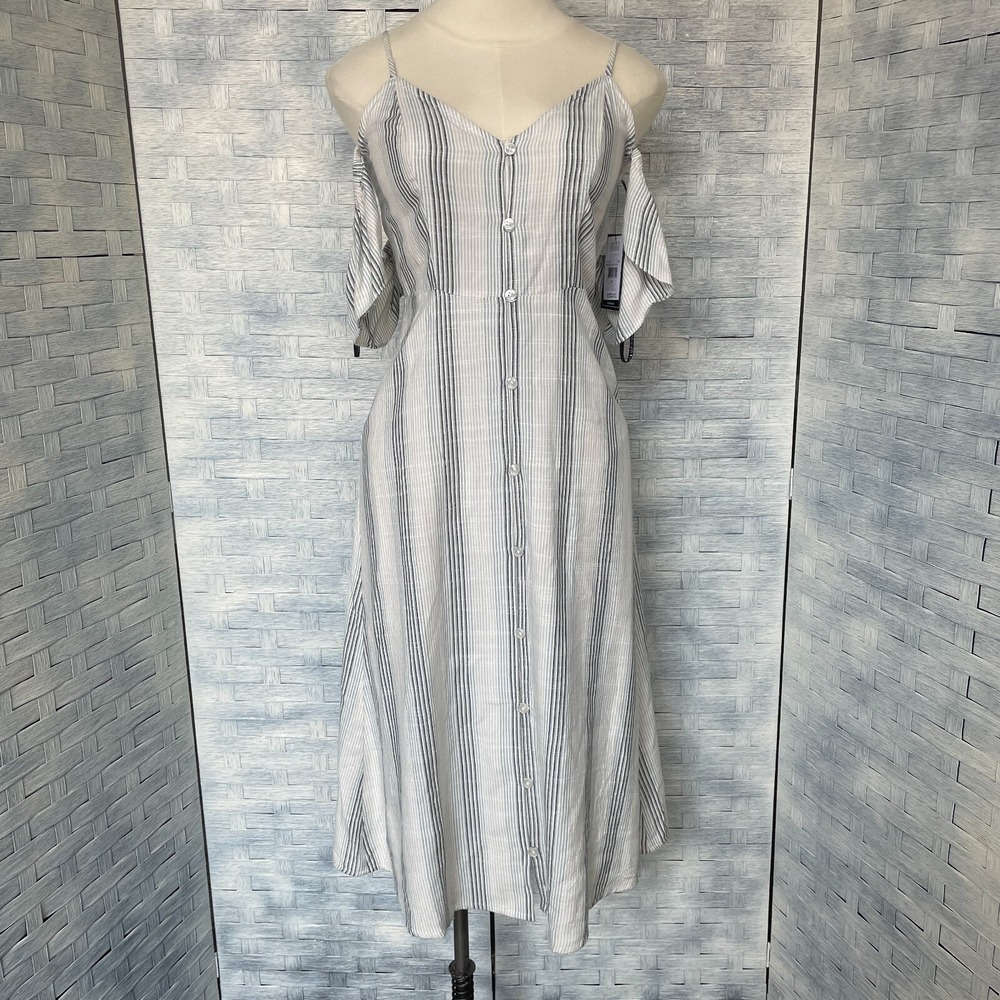 VOLCOM XS Winding Roads Midi Dress Striped Cold Shoulder Button Front Strappy